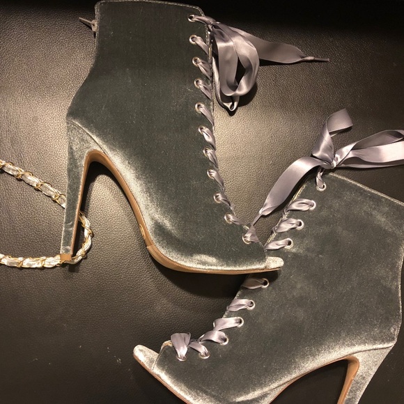 Platinum Gray Velvet Stiletto Satin laceup Booties - Picture 5 of 8